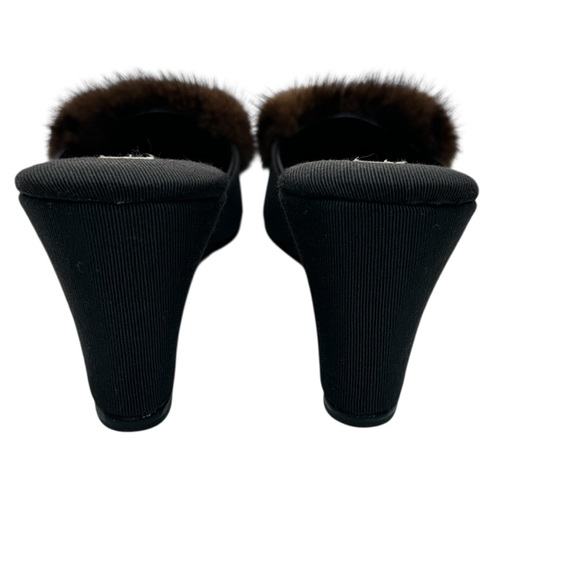 Olivia Rose Tal Black Wedge Mules with Brown Fur sz 9 Vintage - Picture 9 of 11